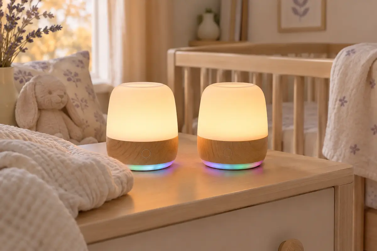 Deux veilleuses tactiles Viwave à finition grain de bois dans une chambre de bébé
