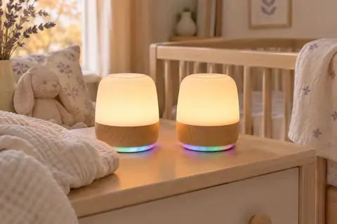 Deux veilleuses tactiles Viwave à finition grain de bois dans une chambre de bébé