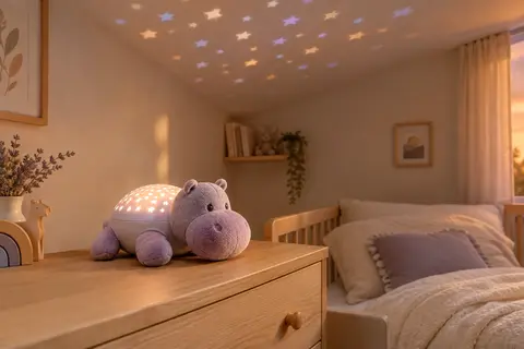 Veilleuse hippopotame violette avec parties en peluche, posée dans une chambre de bébé et projetant des étoiles.