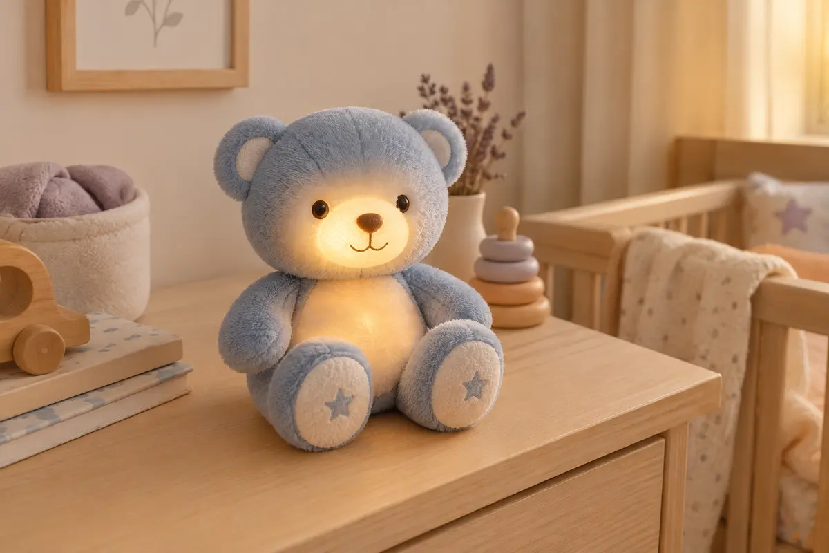 Ourson veilleuse en tissu bleu au visage lumineux, posé dans une chambre de bébé aux tons écru et bois clair.