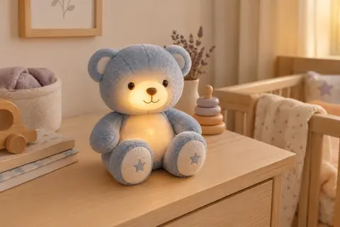 Ourson veilleuse en tissu bleu au visage lumineux, posé dans une chambre de bébé aux tons écru et bois clair.