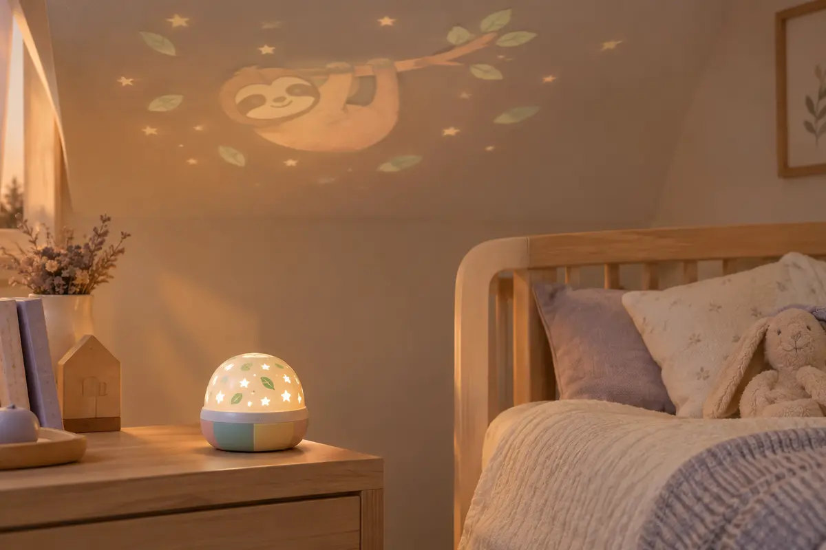 Veilleuse musicale compacte avec projection animée, posée dans une chambre de bébé aux tons doux