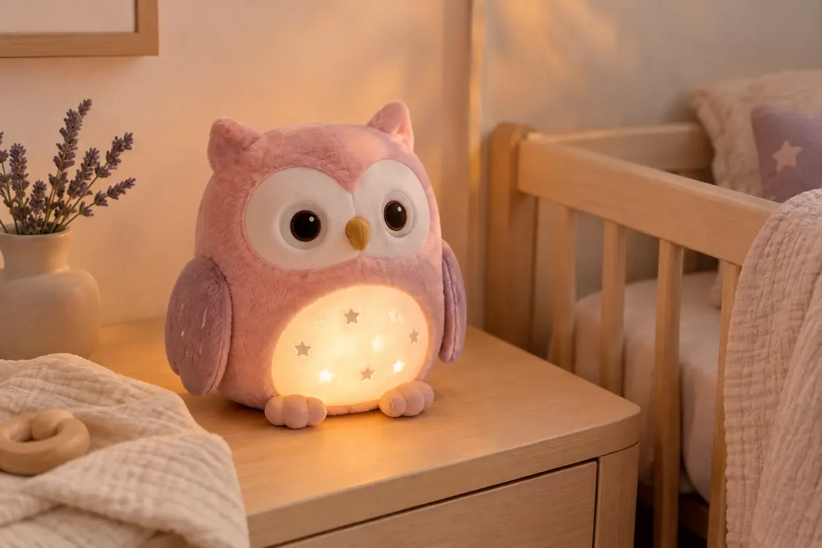 Peluche veilleuse chouette rose posée dans une chambre de bébé au décor clair et apaisant
