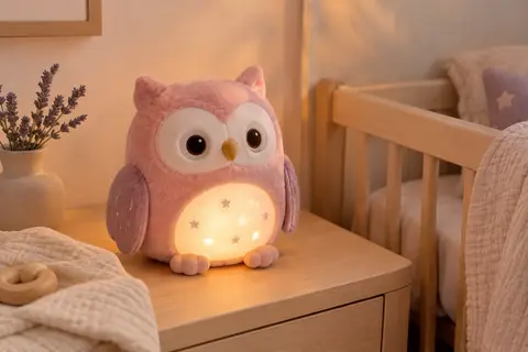 Peluche veilleuse chouette rose posée dans une chambre de bébé au décor clair et apaisant