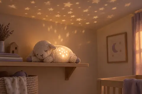 Peluche mouton blanche couchée sur une étagère en bois clair, dont le flanc lumineux projette de petites étoiles au plafond d’une chambre de bébé.