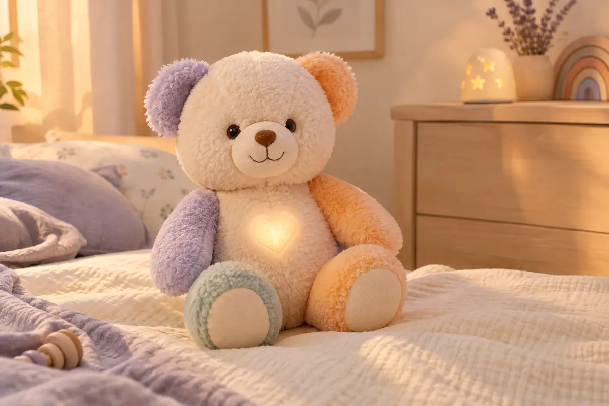 Peluche ourson veilleuse multicolore avec cœur lumineux, posée dans une chambre de bébé aux tons doux