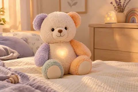 Peluche ourson veilleuse multicolore avec cœur lumineux, posée dans une chambre de bébé aux tons doux