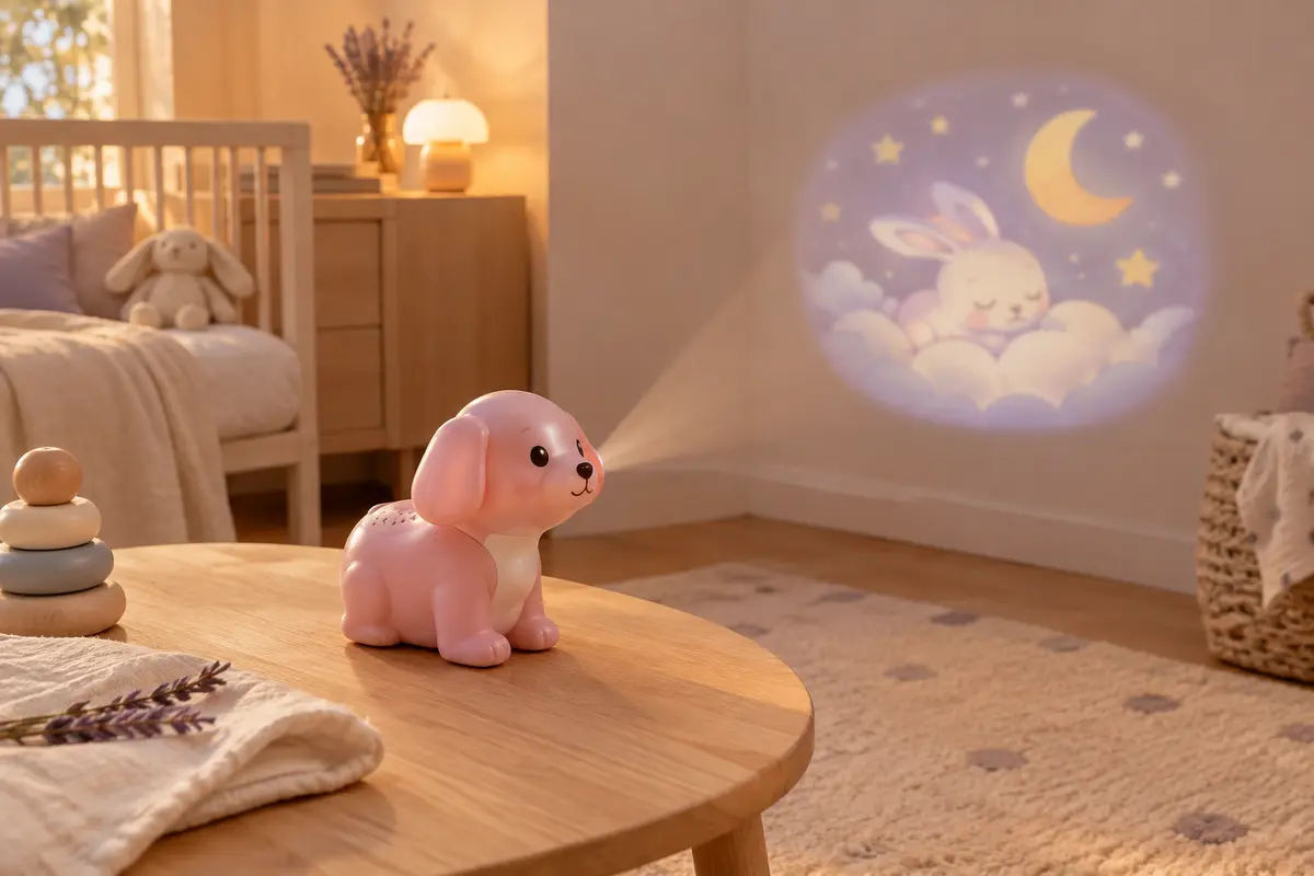 Conteur en forme de petit chien rose avec projection animée, posé dans une chambre de bébé lumineuse.