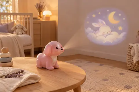 Conteur en forme de petit chien rose avec projection animée, posé dans une chambre de bébé lumineuse.