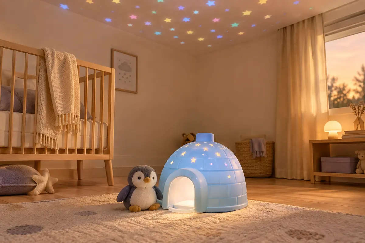 Igloo veilleuse bleu avec peluche pingouin et étoiles projetées au plafond dans une chambre de bébé.