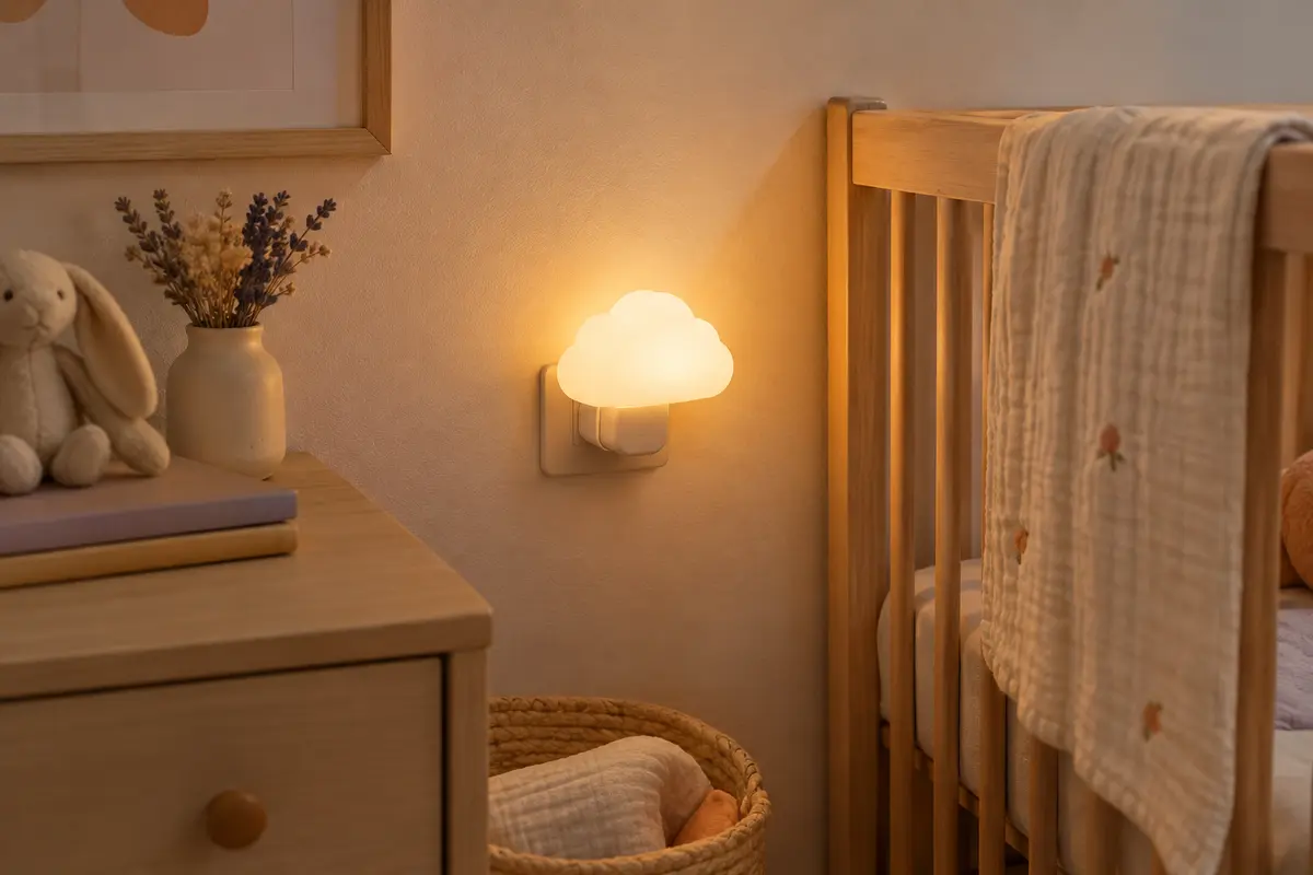 Veilleuse blanche en forme de nuage branchée au mur dans une chambre de bébé à la lumière douce.