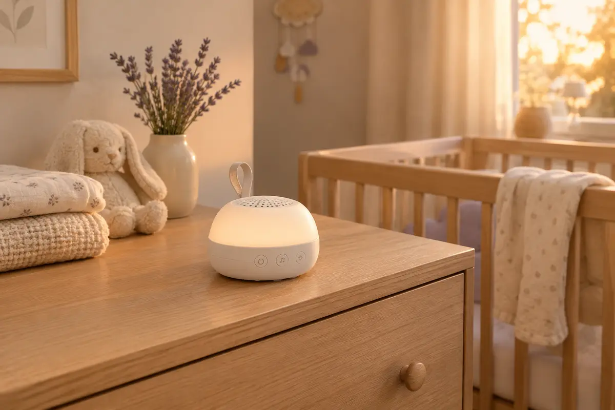 Machine sonore blanche avec veilleuse posée sur une commode en bois clair dans une chambre de bébé apaisante.