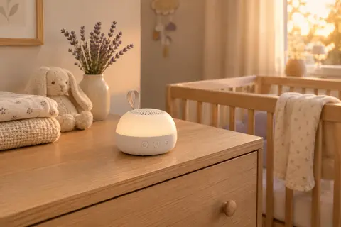 Machine sonore blanche avec veilleuse posée sur une commode en bois clair dans une chambre de bébé apaisante.