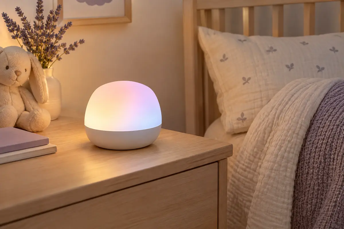 Veilleuse rechargeable blanche en silicone, avec lumière douce, posée sur un meuble en bois clair dans une chambre.