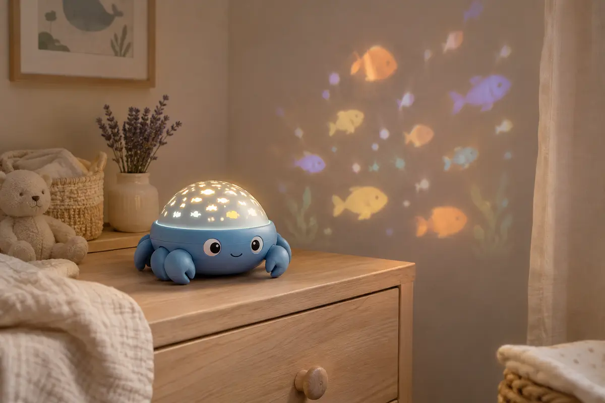 Veilleuse projecteur crabe bleu sur une commode, projetant des poissons dans une chambre de bébé