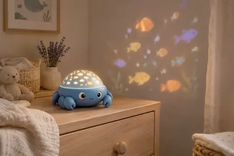 Veilleuse projecteur crabe bleu sur une commode, projetant des poissons dans une chambre de bébé