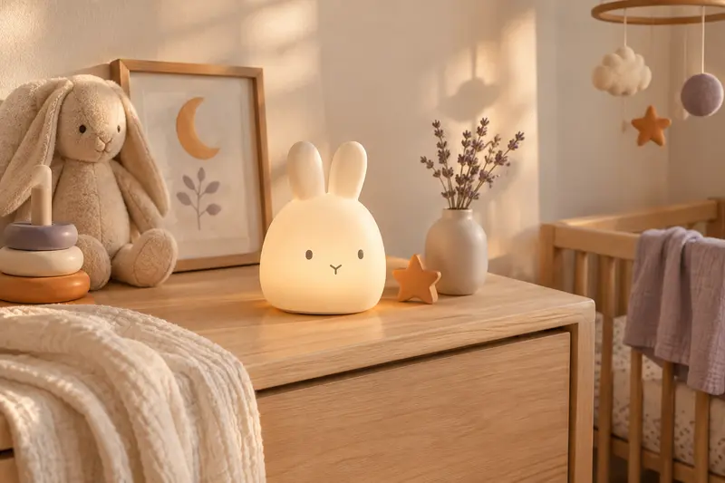 Veilleuse posée dans une chambre de bébé épurée, éclairée par une lumière douce de fin de journée.