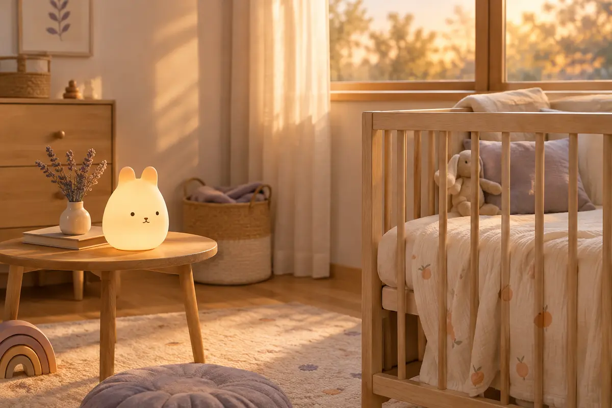 Veilleuse visible dans une chambre de bébé aux tons doux, avec bois clair et lumière chaude.